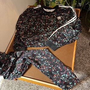 Adidas Originals Black Floral Top with 3 white stripes and Leggings